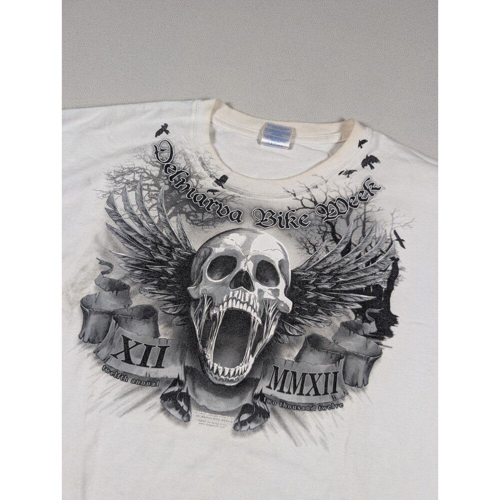 Delmarva Bike Week Shirt Mens XL White Y2K Skull Wings Skeleton Biker Grunge